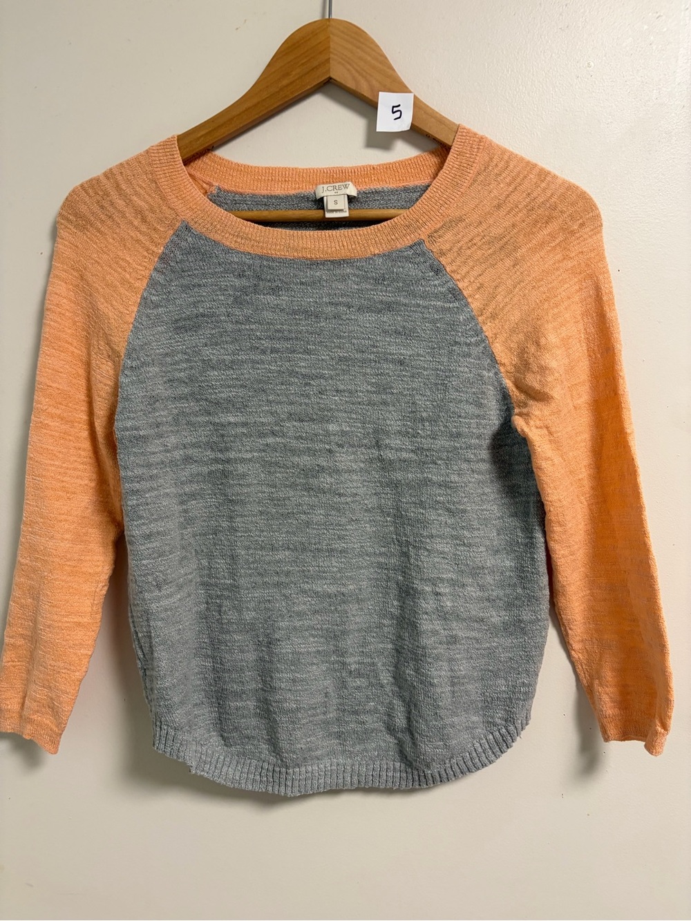 J. Crew Gray Body with Peach Raglan Sleeve Crewneck Sweater Size Small